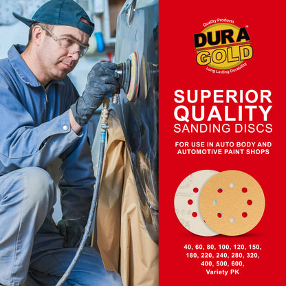 Variety Grit Pack - 5" Gold DA Sanding Discs - 8-Hole Pattern Hook and Loop - 10 each of Grit (60, 80, 120, 220, 320) - Box of 50