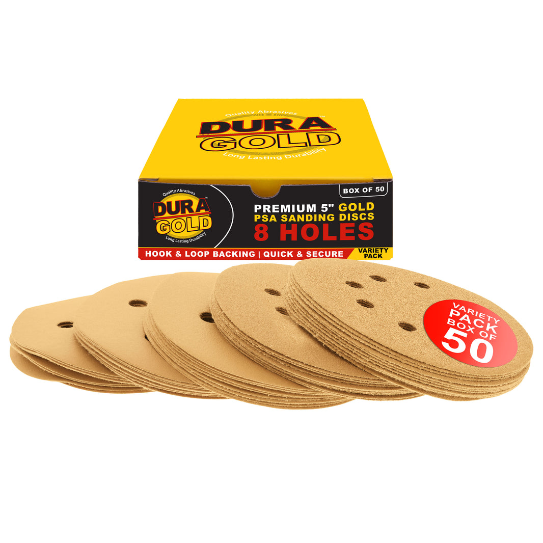 Variety Grit Pack - 5" Gold DA Sanding Discs - 8-Hole Pattern Hook and Loop - 10 each of Grit (60, 80, 120, 220, 320) - Box of 50