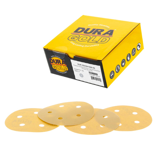 1000 Grit - 5" Gold DA Sanding Discs - 5-Hole Pattern Hook and Loop - Box of 50