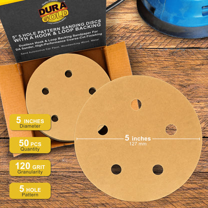 120 Grit - 5" Gold DA Sanding Discs - 5-Hole Pattern Hook and Loop - Box of 50
