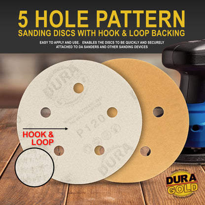 120 Grit - 5" Gold DA Sanding Discs - 5-Hole Pattern Hook and Loop - Box of 50
