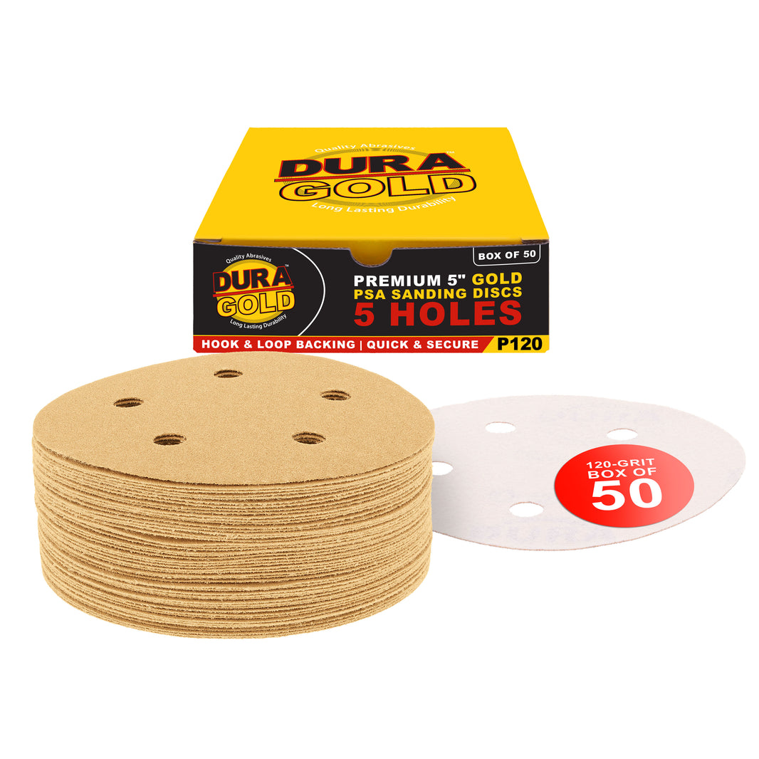 120 Grit - 5" Gold DA Sanding Discs - 5-Hole Pattern Hook and Loop - Box of 50