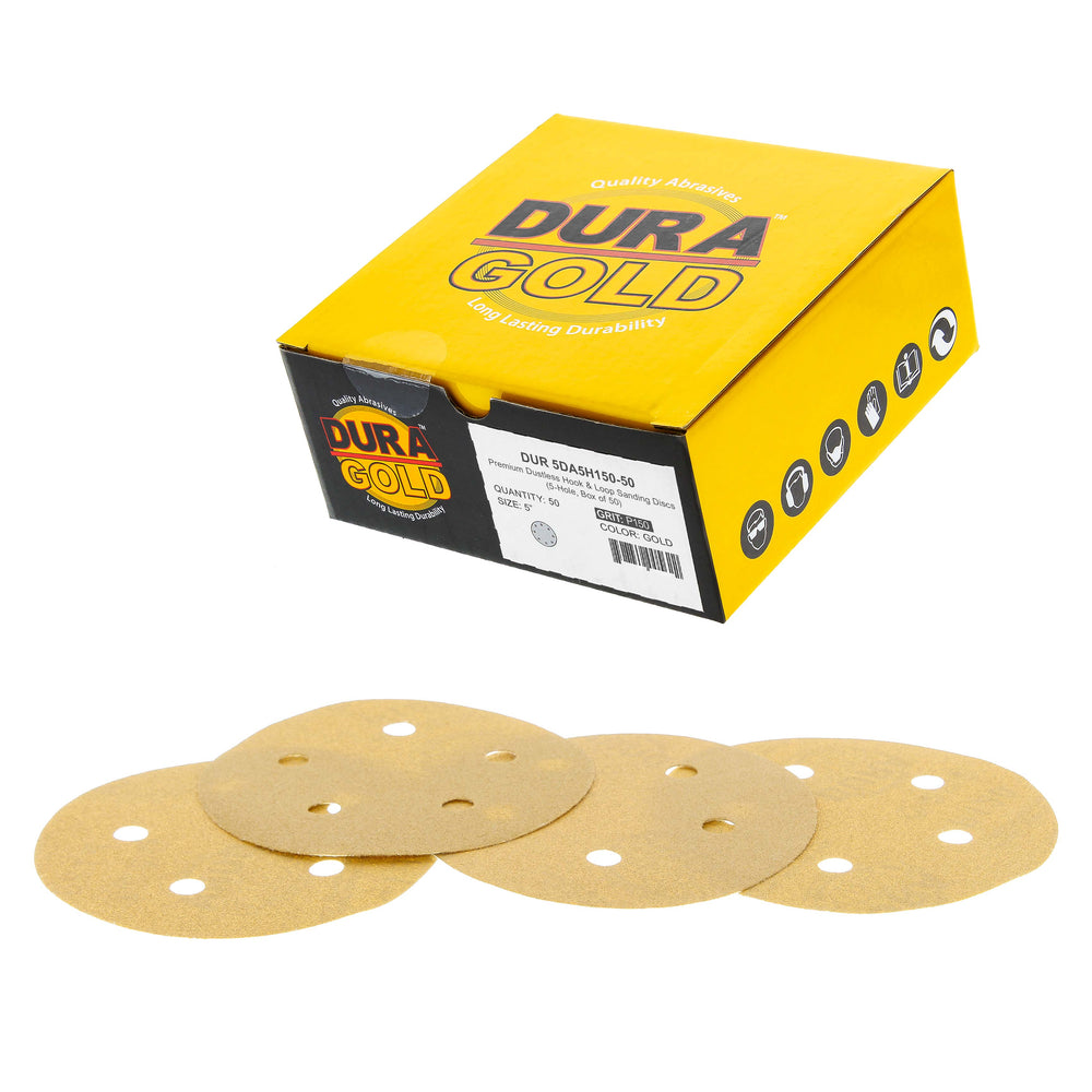 150 Grit - 5" Gold DA Sanding Discs - 5-Hole Pattern Hook and Loop - Box of 50