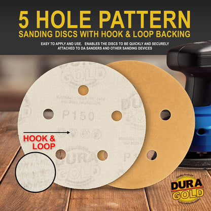 150 Grit - 5" Gold DA Sanding Discs - 5-Hole Pattern Hook and Loop - Box of 50