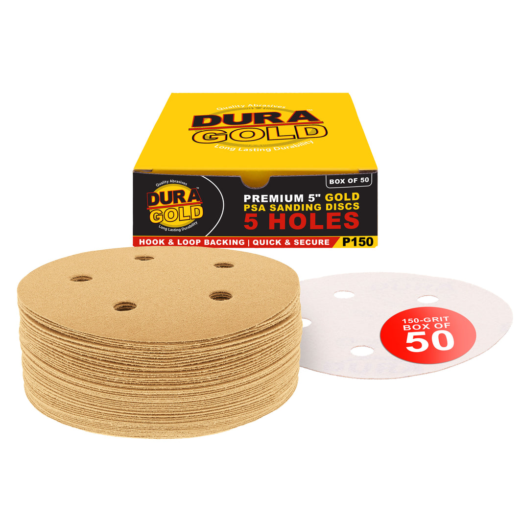 150 Grit - 5" Gold DA Sanding Discs - 5-Hole Pattern Hook and Loop - Box of 50