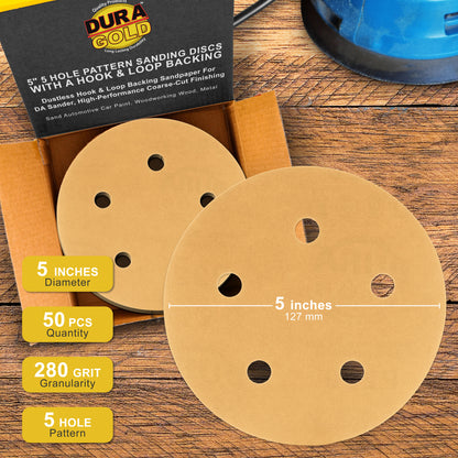 280 Grit - 5" Gold DA Sanding Discs - 5-Hole Pattern Hook and Loop - Box of 50