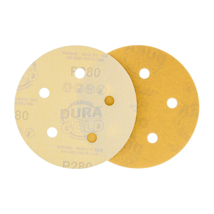 280 Grit - 5" Gold DA Sanding Discs - 5-Hole Pattern Hook and Loop - Box of 50