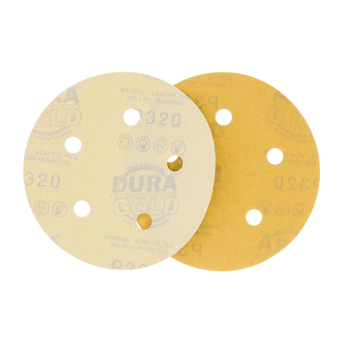 320 Grit - 5" Gold DA Sanding Discs - 5-Hole Pattern Hook and Loop - Box of 50