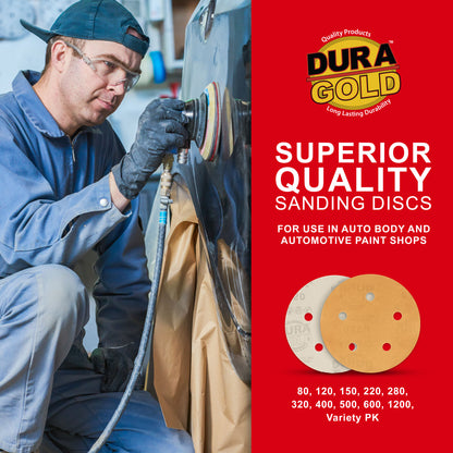 320 Grit - 5" Gold DA Sanding Discs - 5-Hole Pattern Hook and Loop - Box of 50