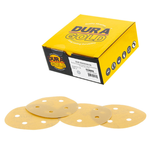 320 Grit - 5" Gold DA Sanding Discs - 5-Hole Pattern Hook and Loop - Box of 50