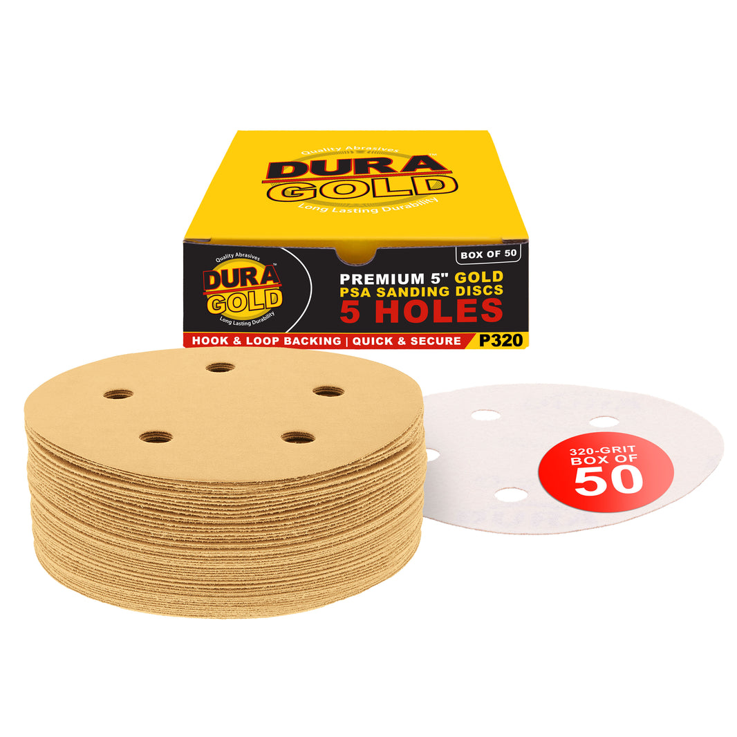 320 Grit - 5" Gold DA Sanding Discs - 5-Hole Pattern Hook and Loop - Box of 50