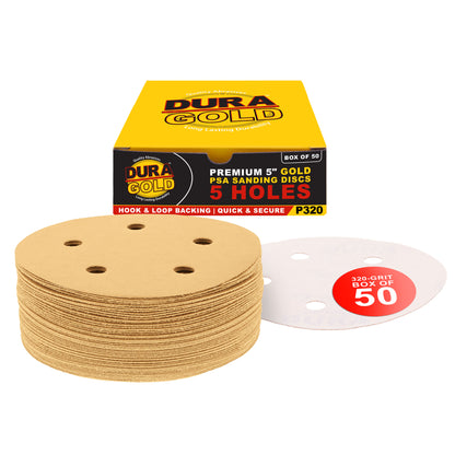 320 Grit - 5" Gold DA Sanding Discs - 5-Hole Pattern Hook and Loop - Box of 50