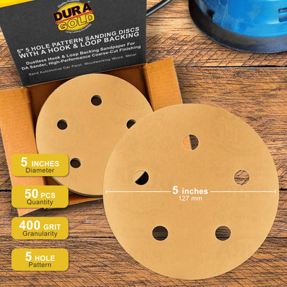 400 Grit - 5" Gold DA Sanding Discs - 5-Hole Pattern Hook and Loop - Box of 50