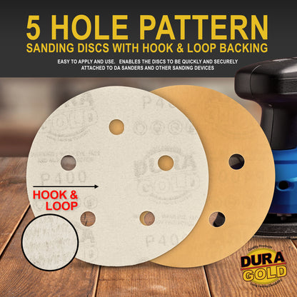 400 Grit - 5" Gold DA Sanding Discs - 5-Hole Pattern Hook and Loop - Box of 50