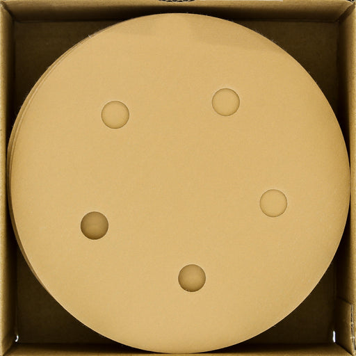 500 Grit - 5" Gold DA Sanding Discs - 5-Hole Pattern Hook and Loop - Box of 50