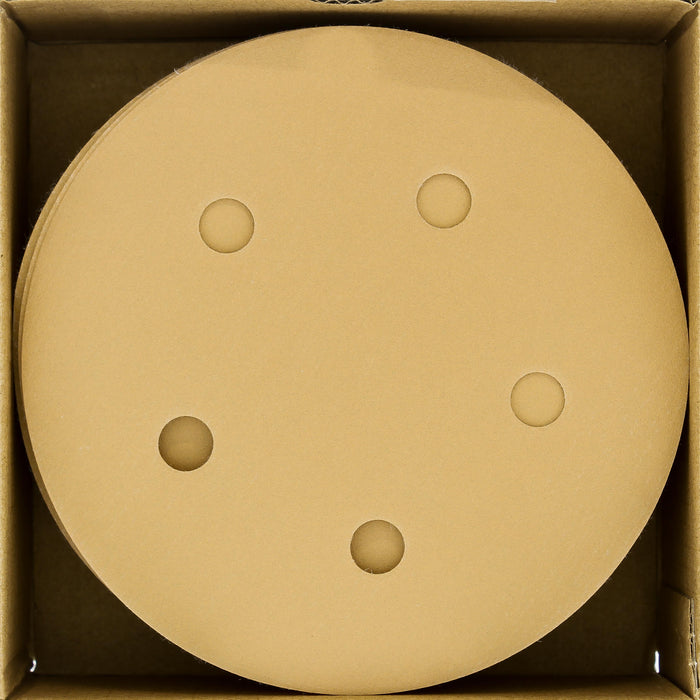 Dura Gold Premium 5 Gold Sanding Discs 500 Grit Box of 50 5 Hole Pattern Dustless Hook Loop Backing Sandpaper for Da Sanders Aluminum