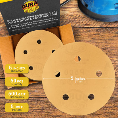 500 Grit - 5" Gold DA Sanding Discs - 5-Hole Pattern Hook and Loop - Box of 50