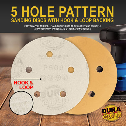 500 Grit - 5" Gold DA Sanding Discs - 5-Hole Pattern Hook and Loop - Box of 50