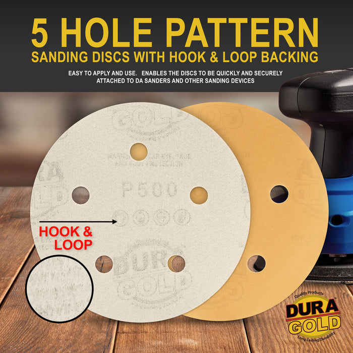 500 Grit - 5" Gold DA Sanding Discs - 5-Hole Pattern Hook and Loop - Box of 50