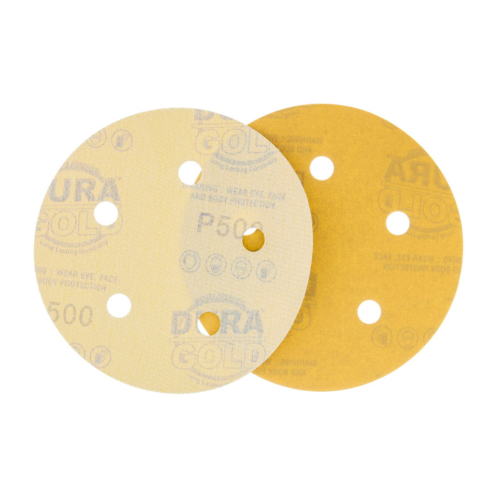 500 Grit - 5" Gold DA Sanding Discs - 5-Hole Pattern Hook and Loop - Box of 50