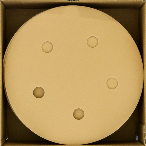 600 Grit - 5" Gold DA Sanding Discs - 5-Hole Pattern Hook and Loop - Box of 50