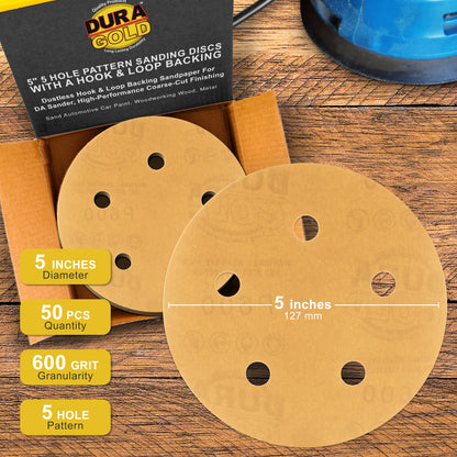 600 Grit - 5" Gold DA Sanding Discs - 5-Hole Pattern Hook and Loop - Box of 50