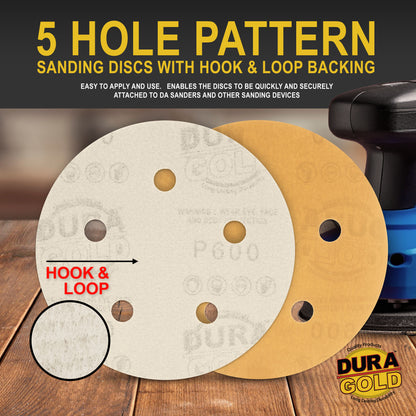 600 Grit - 5" Gold DA Sanding Discs - 5-Hole Pattern Hook and Loop - Box of 50