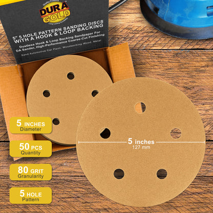 80 Grit - 5" Gold DA Sanding Discs - 5-Hole Pattern Hook and Loop - Box of 50