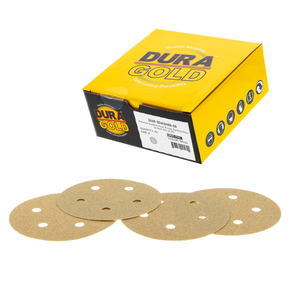 80 Grit - 5" Gold DA Sanding Discs - 5-Hole Pattern Hook and Loop - Box of 50