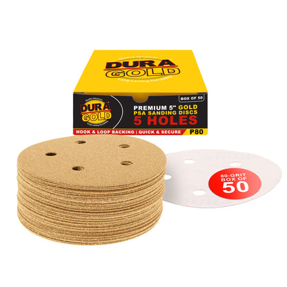 80 Grit - 5" Gold DA Sanding Discs - 5-Hole Pattern Hook and Loop - Box of 50