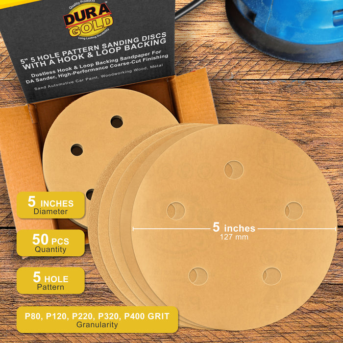 Variety Grit Pack - 5" Gold DA Sanding Discs - 5-Hole Pattern Hook and Loop - Box of 50
