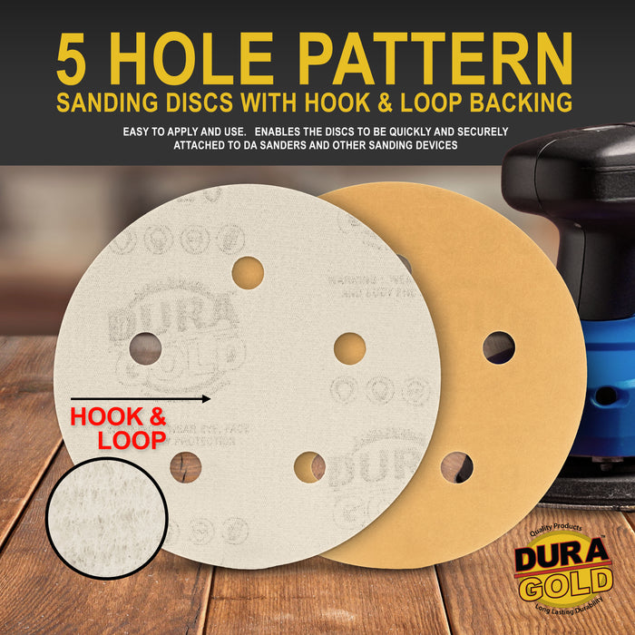 Variety Grit Pack - 5" Gold DA Sanding Discs - 5-Hole Pattern Hook and Loop - Box of 50