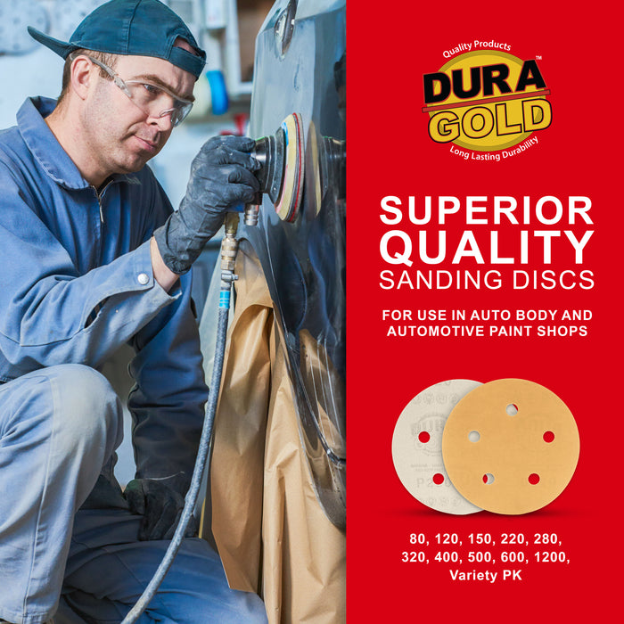 Variety Grit Pack - 5" Gold DA Sanding Discs - 5-Hole Pattern Hook and Loop - Box of 50
