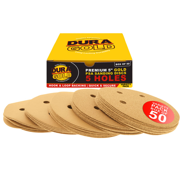 Variety Grit Pack - 5" Gold DA Sanding Discs - 5-Hole Pattern Hook and Loop - Box of 50