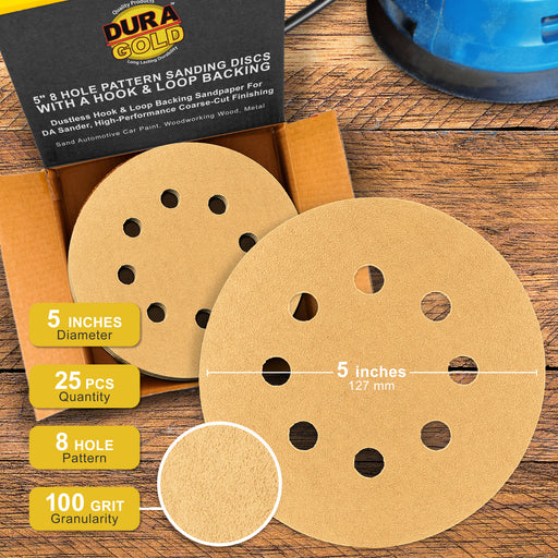 100 Grit - 5" Gold DA Sanding Discs - 8-Hole Pattern Hook and Loop - Box of 50