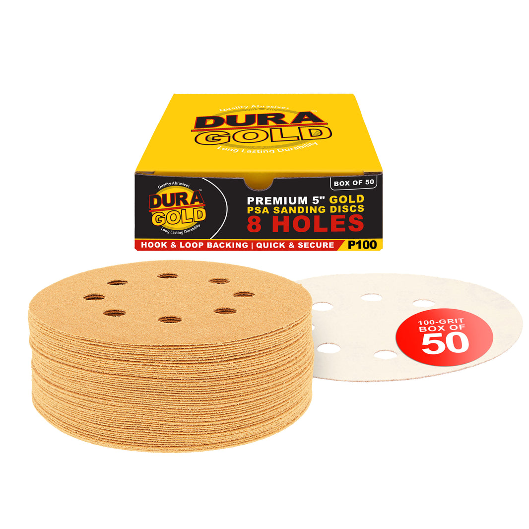 100 Grit - 5" Gold DA Sanding Discs - 8-Hole Pattern Hook and Loop - Box of 50