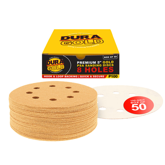 100 Grit - 5" Gold DA Sanding Discs - 8-Hole Pattern Hook and Loop - Box of 50