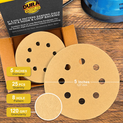 120 Grit - 5" Gold DA Sanding Discs - 8-Hole Pattern Hook and Loop - Box of 50