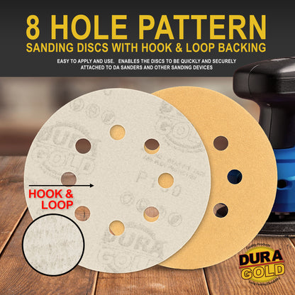 150 Grit - 5" Gold DA Sanding Discs - 8-Hole Pattern Hook and Loop - Box of 50