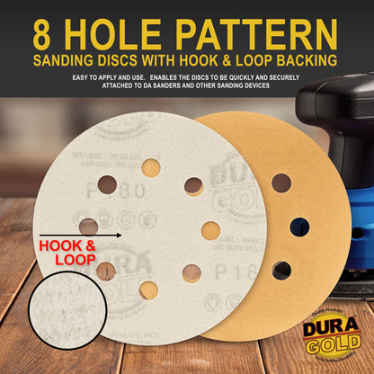180 Grit - 5" Gold DA Sanding Discs - 8-Hole Pattern Hook and Loop - Box of 50
