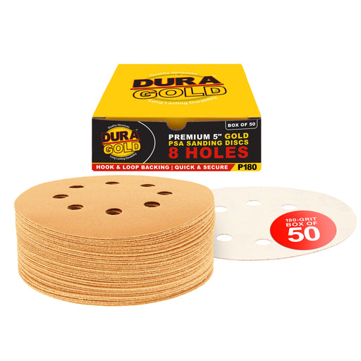 180 Grit - 5" Gold DA Sanding Discs - 8-Hole Pattern Hook and Loop - Box of 50
