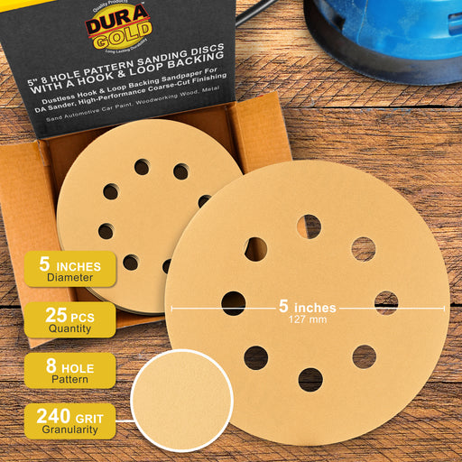 240 Grit - 5" Gold DA Sanding Discs - 8-Hole Pattern Hook and Loop - Box of 50
