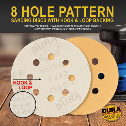 240 Grit - 5" Gold DA Sanding Discs - 8-Hole Pattern Hook and Loop - Box of 50