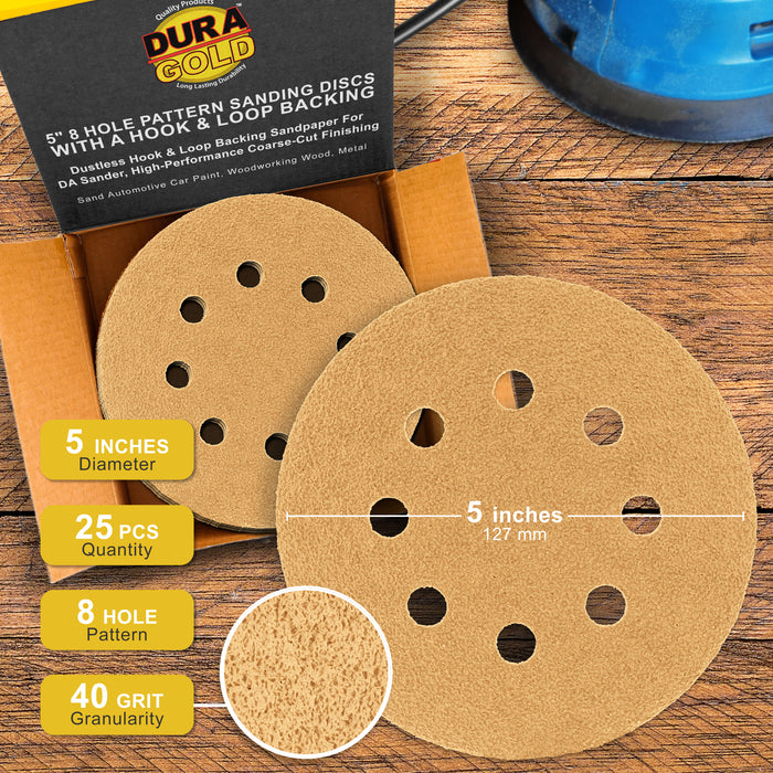 40 Grit - 5" Gold DA Sanding Discs - 8-Hole Pattern Hook and Loop - Box of 25