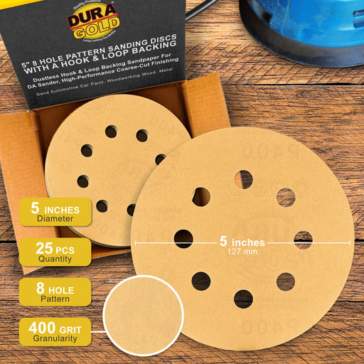 400 Grit - 5" Gold DA Sanding Discs - 8-Hole Pattern Hook and Loop - Box of 50