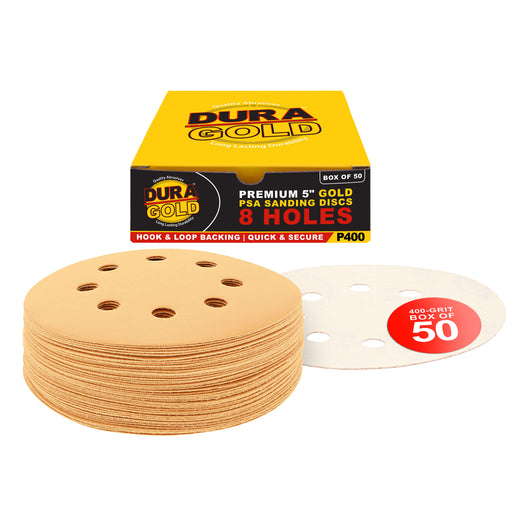 400 Grit - 5" Gold DA Sanding Discs - 8-Hole Pattern Hook and Loop - Box of 50