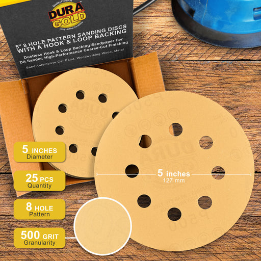 500 Grit - 5" Gold DA Sanding Discs - 8-Hole Pattern Hook and Loop - Box of 50