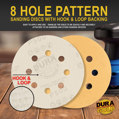 500 Grit - 5" Gold DA Sanding Discs - 8-Hole Pattern Hook and Loop - Box of 50