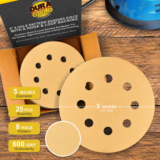600 Grit - 5" Gold DA Sanding Discs - 8-Hole Pattern Hook and Loop - Box of 50