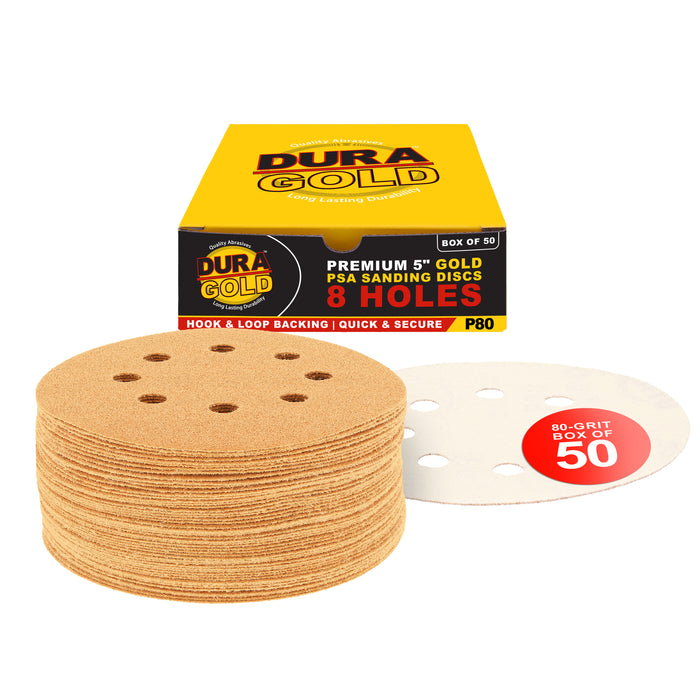 80 Grit - 5" Gold DA Sanding Discs - 8-Hole Pattern Hook and Loop - Box of 50